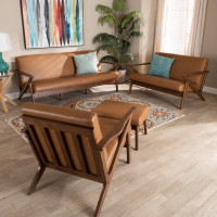 Baxton Studio Bianca-Tan/Walnut Brown-4PC Set Bianca Mid-Century Modern Walnut Brown Finished Wood and Tan Faux Leather Effect 4-Piece Living Room Seta